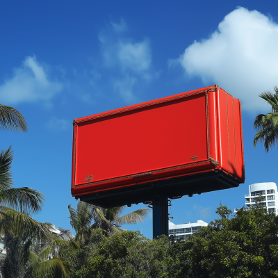 Red Cartier box as a billboard in tropical city