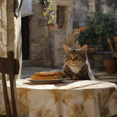 Hyper Realistic Cinematic Fat Cat Eating Panzerotto at Martina Franca (Puglia)