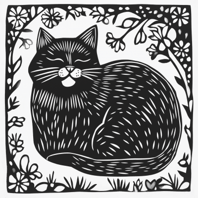 Cat and Floral Border Linocut