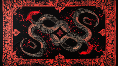 Arabic Style Black Snake and Red Pattern Tapestry