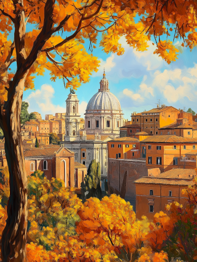 Autumn in Rome Watercolor Painting