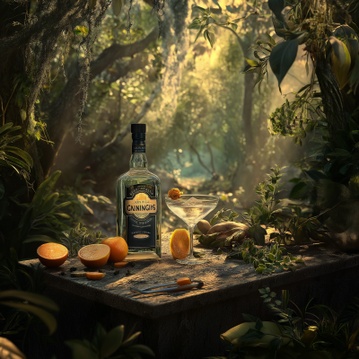 Gin Bottle in Forest with Cocktail Setup