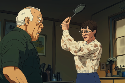 Elderly Woman hitting Man with Frying Pan in Studio Ghibli Style