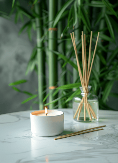 Green Bamboo and Candle Closeup