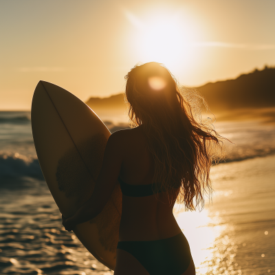 Woman with Surfboard on Beach at Sunset