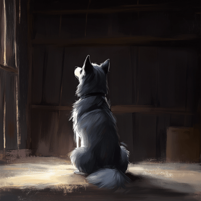 Pastel Barn Interior with Grey Siberian Husky Character