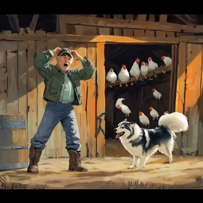 Pastel Children’s Book Illustration of a Farmer and a Husky in a Chicken Coop