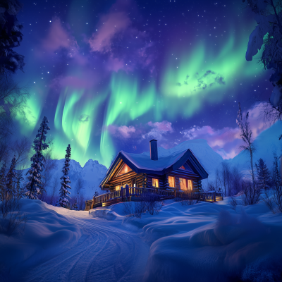 Northern Lights Over Snowy Mountains