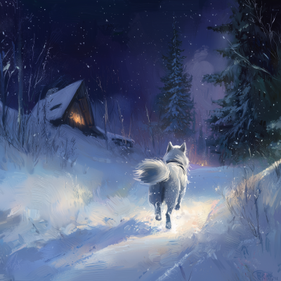 Siberian Husky Running Away in the Snowy Night