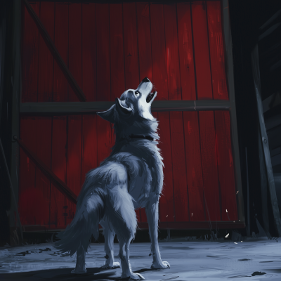 Cute Husky Character in Red Barn at Night