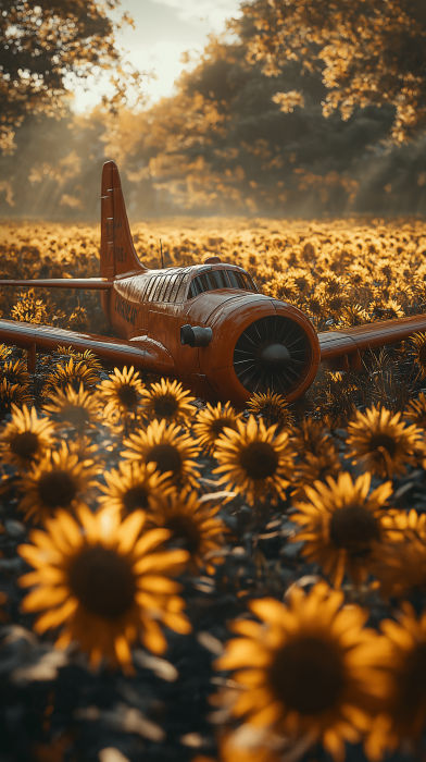 Epic Cosmic Small Red Airplane in Sunflower Field