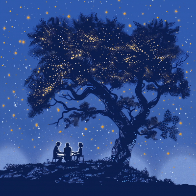 Starry Night Sky with Couple Signing Contract under Large Tree in Dot Style