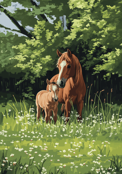 Filly and Foal on Green Meadow