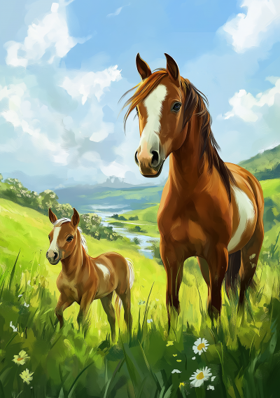 Filly and Foal on Green Meadow