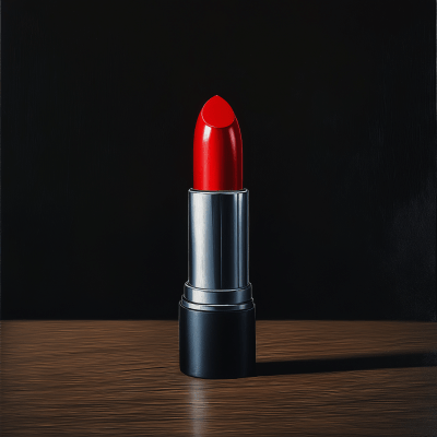 Red Lipstick on Dark Wood Tabletop