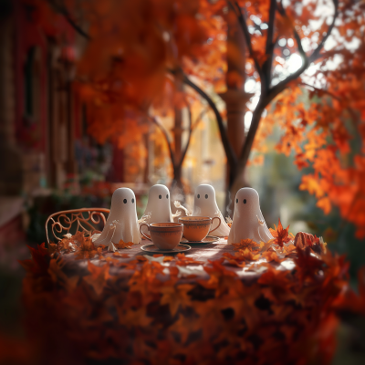 Cute Ghosts Enjoying Tea at a Cafe in Autumn