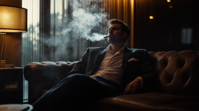 Luxury Minimalist Room with a Man in a Suit Smoking a Cigar