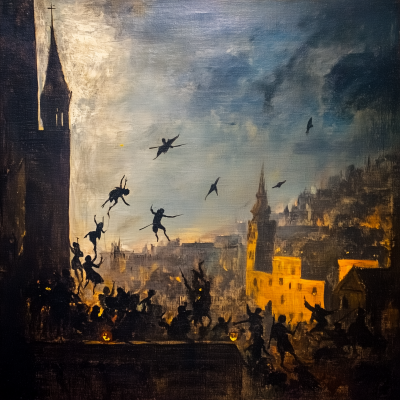 Epic Oil Painting of a Halloween Battle Scene Cityscape