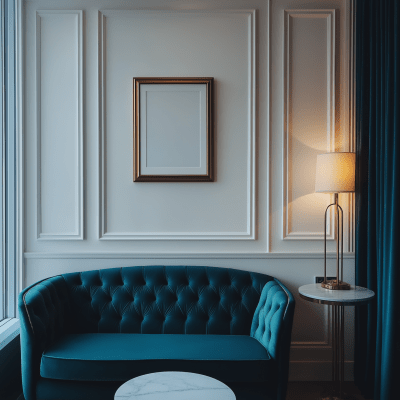 Hotel Suite Interior with Teal Sofa