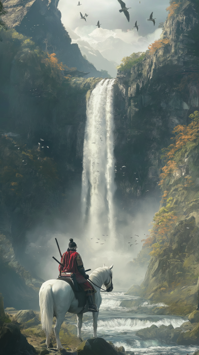 Shogun Samurai and Horse at Waterfall