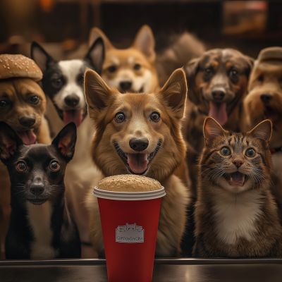 Happy dogs and cats with name tags at a burger joint