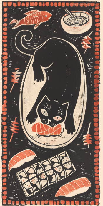 Cat enjoying sushi in ornate linocut style