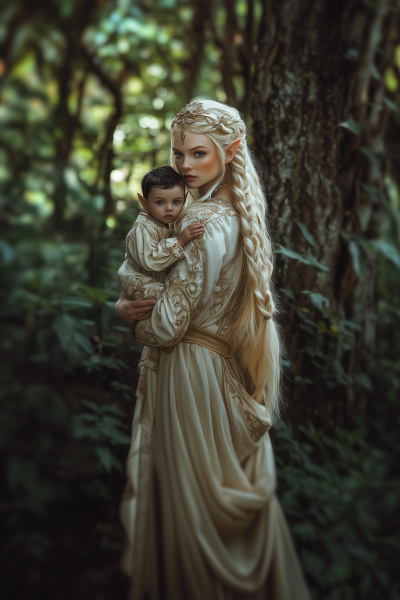 Elf Queen and Baby in Magical Forest