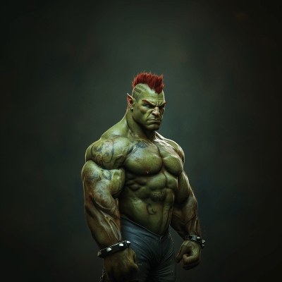 Hyper Muscular Green Skinned Orc Bodybuilder Posing