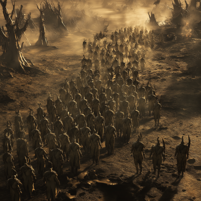 Wood Elves Army Marching in Barren Wasteland