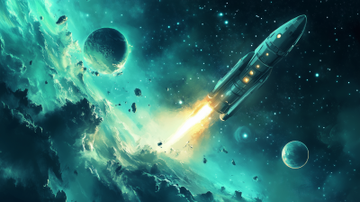 Green Theme Rocket Ship in Outer Space