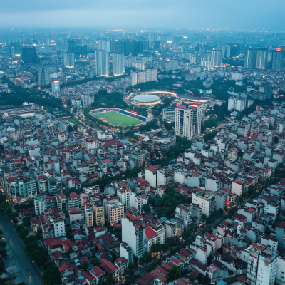 Aerial view of modern city with football stadium in Ha Noi