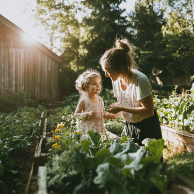 Mother and Daughter Enjoying Garden