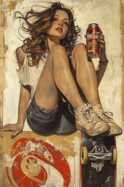 Girl Skateboarding in Leyendecker Style with a Drink