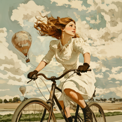 Young woman riding a bike with a balloon