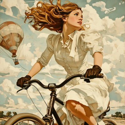 Young Woman Riding a Bike with Balloon