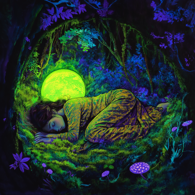 Neon Woman Sleeping in Forest