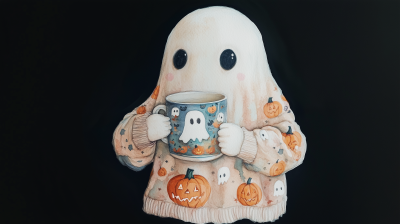 Cozy Halloween Ghost Watercolor Illustration