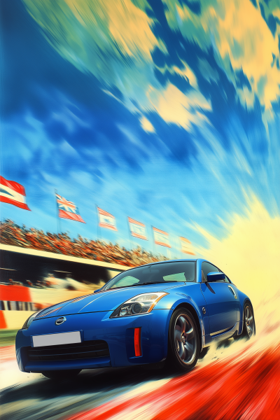 Speeding Blue Nissan 350Z Racing Car Art