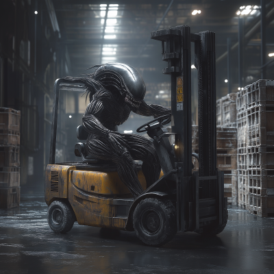 Alien and Predator on Forklift in Warehouse