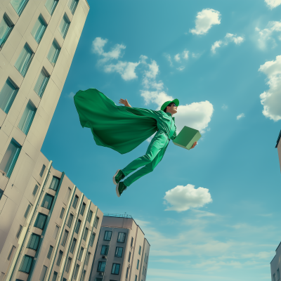 Green Delivery Man in Flight