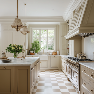 Colonial Kitchen with Beige and White Checkered Floor