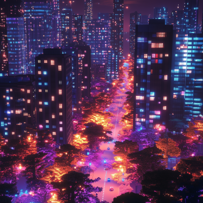 Vibrant Voxel Cityscape at Night