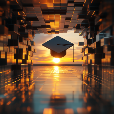 Voxel Graduation Hat on Chrome Floor