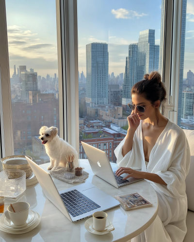 Woman in White Linen Outfit Working from Home