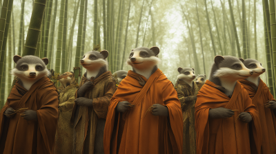 Badgers in Buddhist monk attire in Bamboo Forest