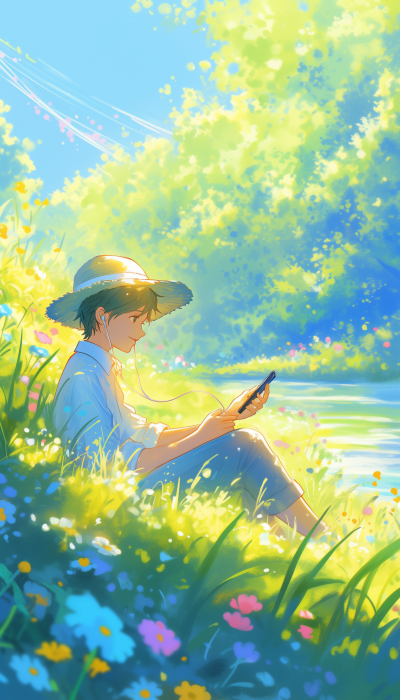 Boy Listening to Music in a Serene Field