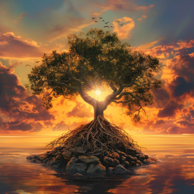 Retro Sunset Tree Illustration