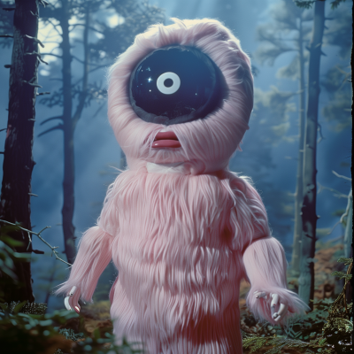 Pink Fluffy Kaiju in 80s Forest Landscape