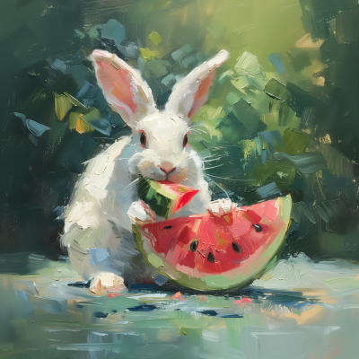 White Rabbit Eating Watermelon Slices