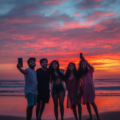 Group of Indian youngsters taking selfies on the beach at sunset